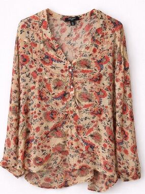 Nine West Boho Peasant Top XXL Relaxed Fit V Neck Floral Long Sleeve